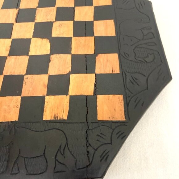 Vintage Hand Carved Wooden Chess Board Tanzania African Elephant Rhino - Picture 3 of 7